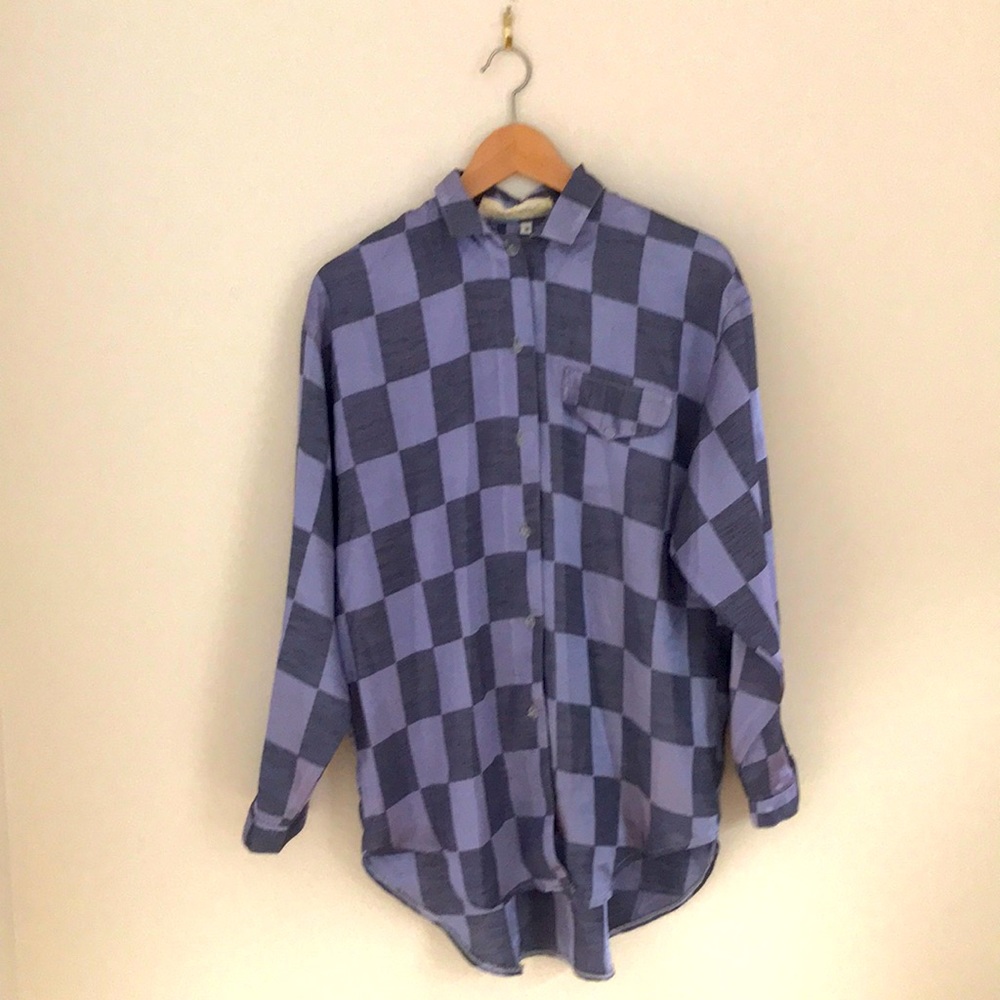 Shiny lavender and purple checkerboard print button-up collared overshirt unisex